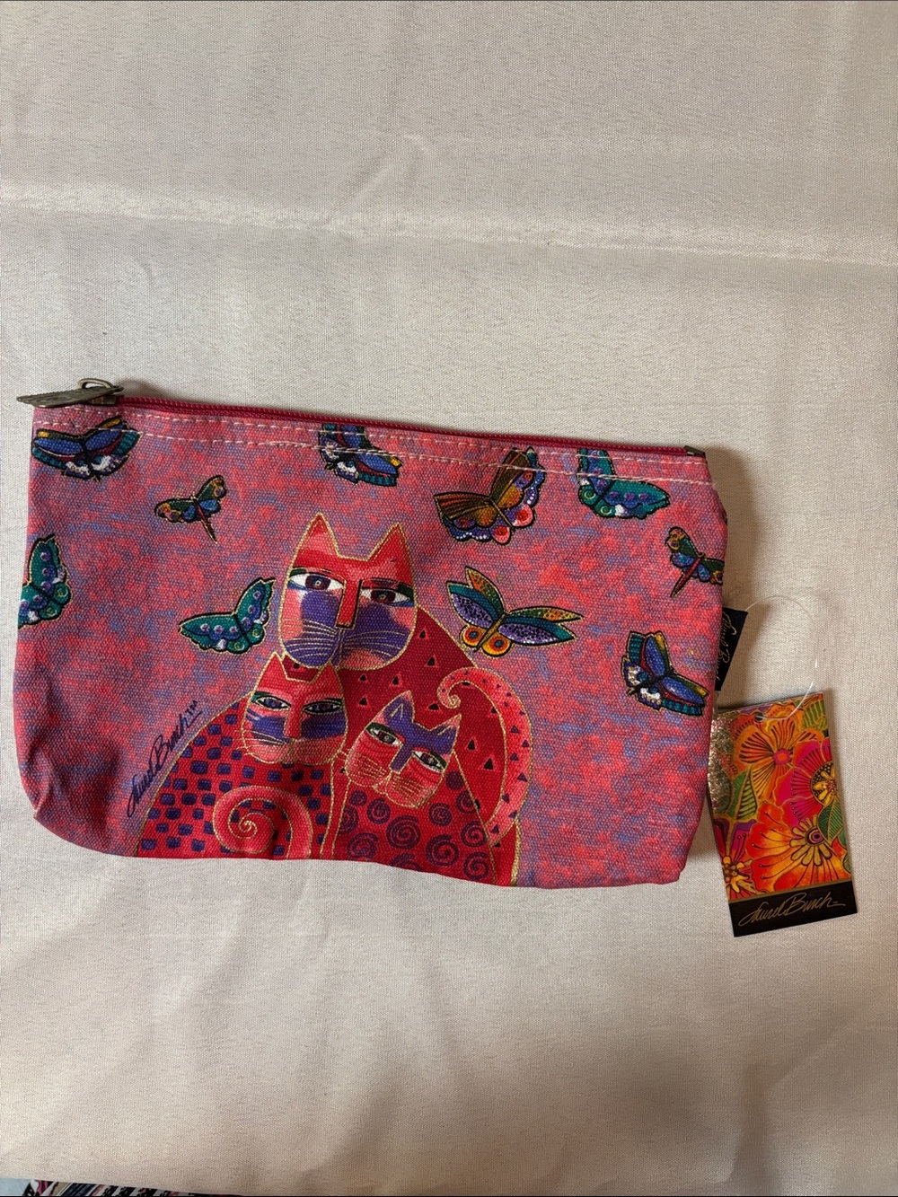 Laurel Burch Cat Trio Zip Pouch - Pink with Multicolor Butterflies